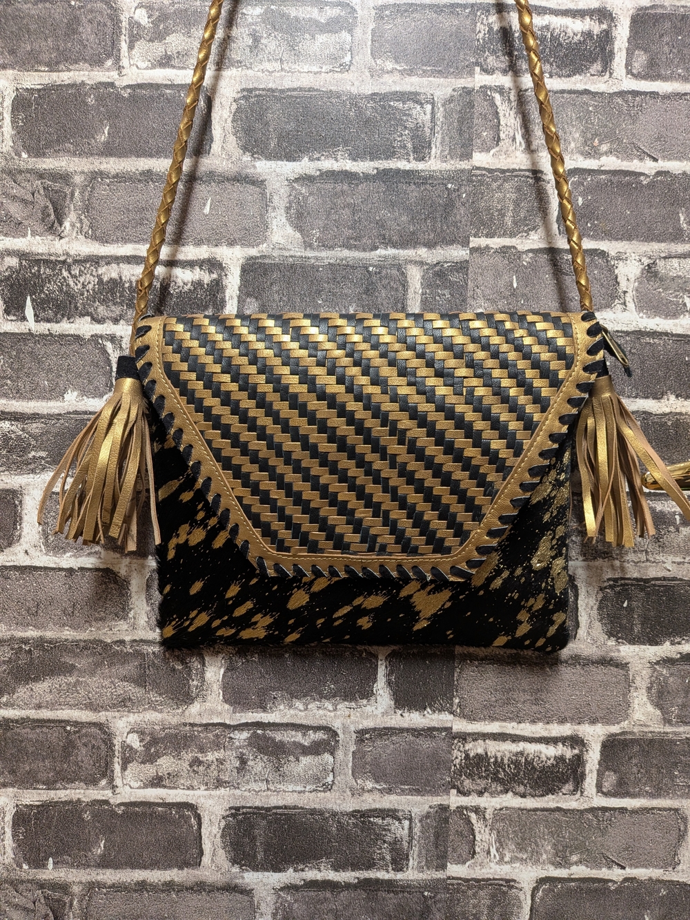 Leather, Fur & Suede Gold and Black Woven Tassel Crossbody Bag